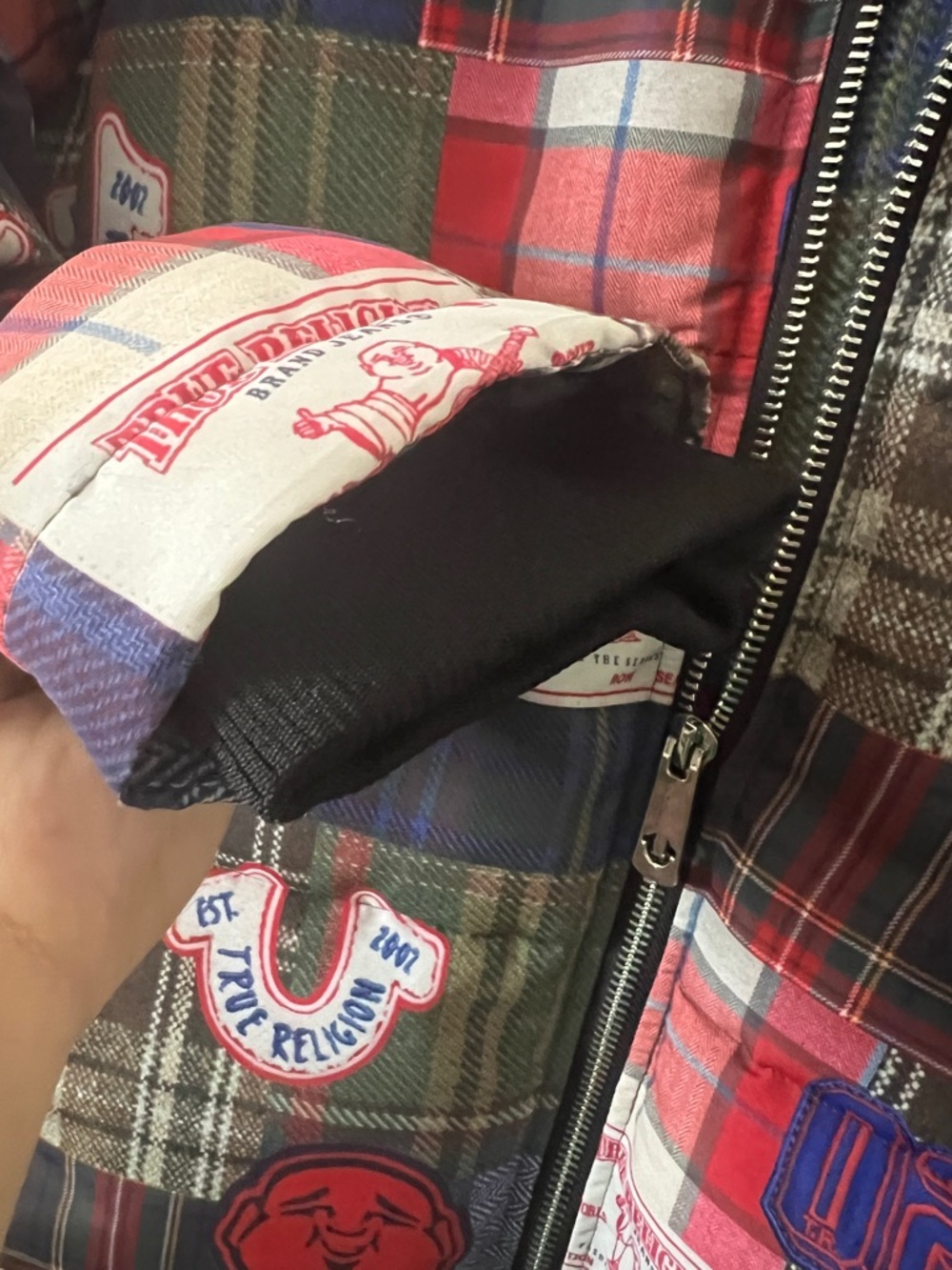True Religion Plaid Patchwork Puffer Jacket Serape Print Size M - Picture 4 of 8